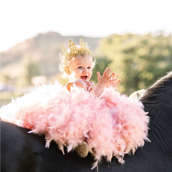 Pink Feathered Dress princess ball sequin photoshoot flower pageant crown lace - Picture 5 of 11